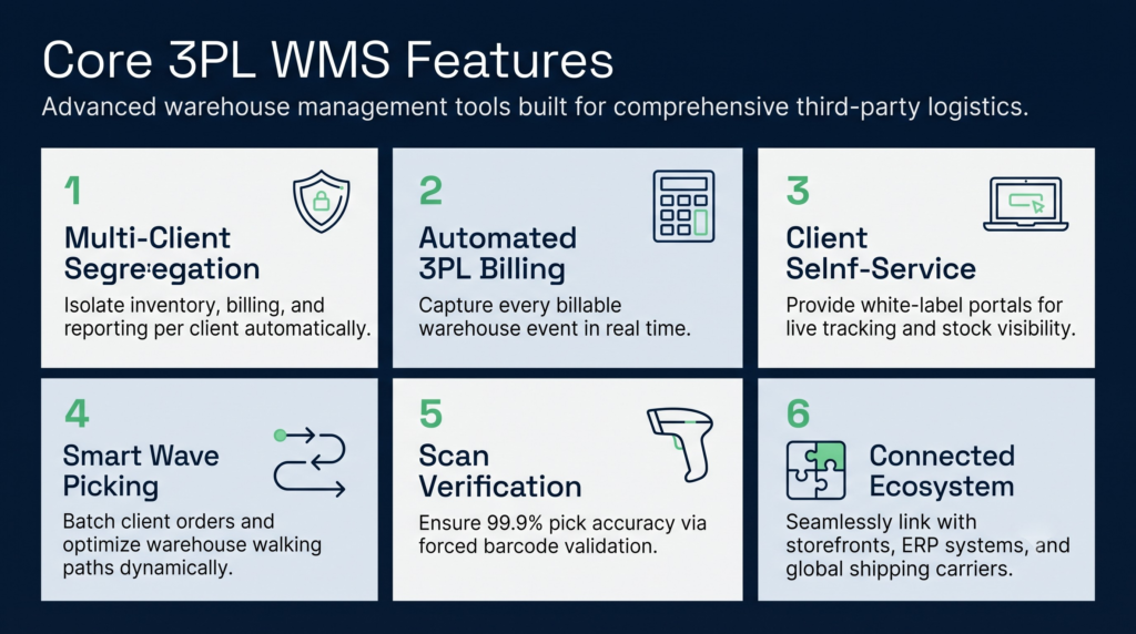 Wms mobile scanning benefits | clarus wms An educational infographic in a modern vector style outlines five key benefits of implementing mobile scanning in a warehouse environment: increased accuracy, faster receiving, optimized picking, real-time inventory, and enhanced productivity. Each section includes a numbered icon, a title, and concise, benefit-driven text with illustrative data points.
